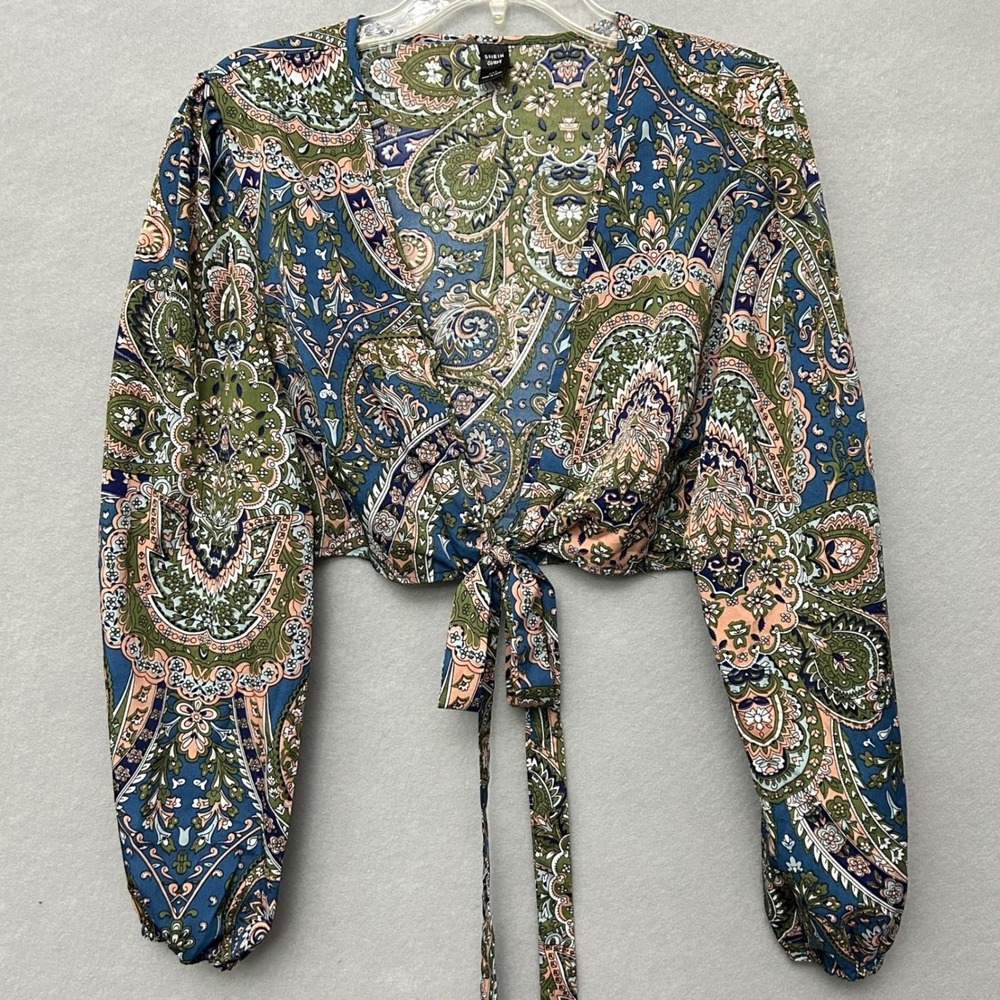 SHEIN Curve Paisley Tie Front Crop Top Womens 2XL Blue Green Boho Long Sleeve - Picture 4 of 16
